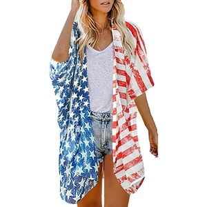 NEW Kimono Flag Print Cardigan (Red/White/Blue) - LAKIDAY